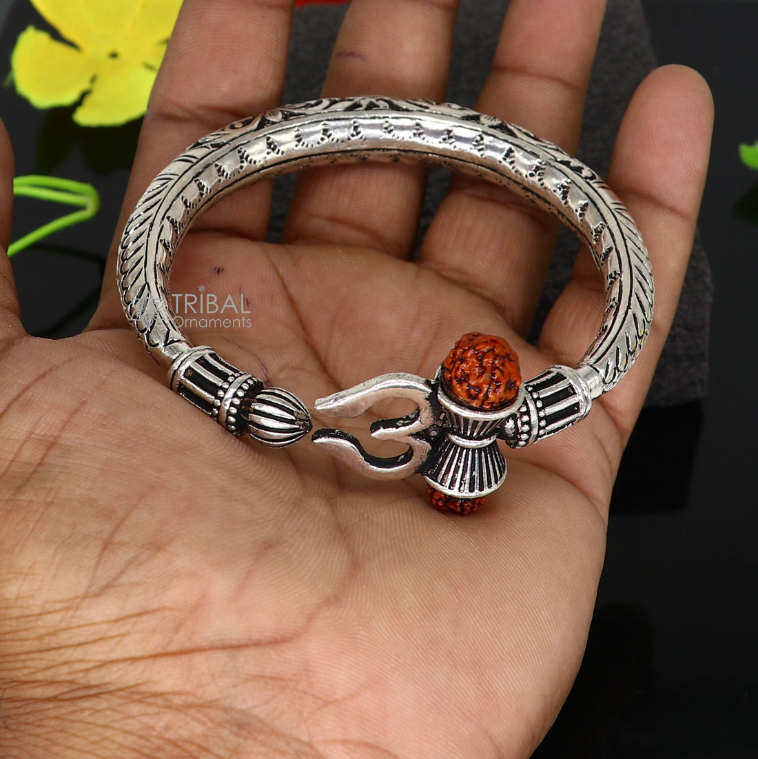 925 Sterling silver handmade Vintage style chitai work Lord Shiva trident trishul kada bangle bracelet with Rudraksha customized kada nsk767 - TRIBAL ORNAMENTS