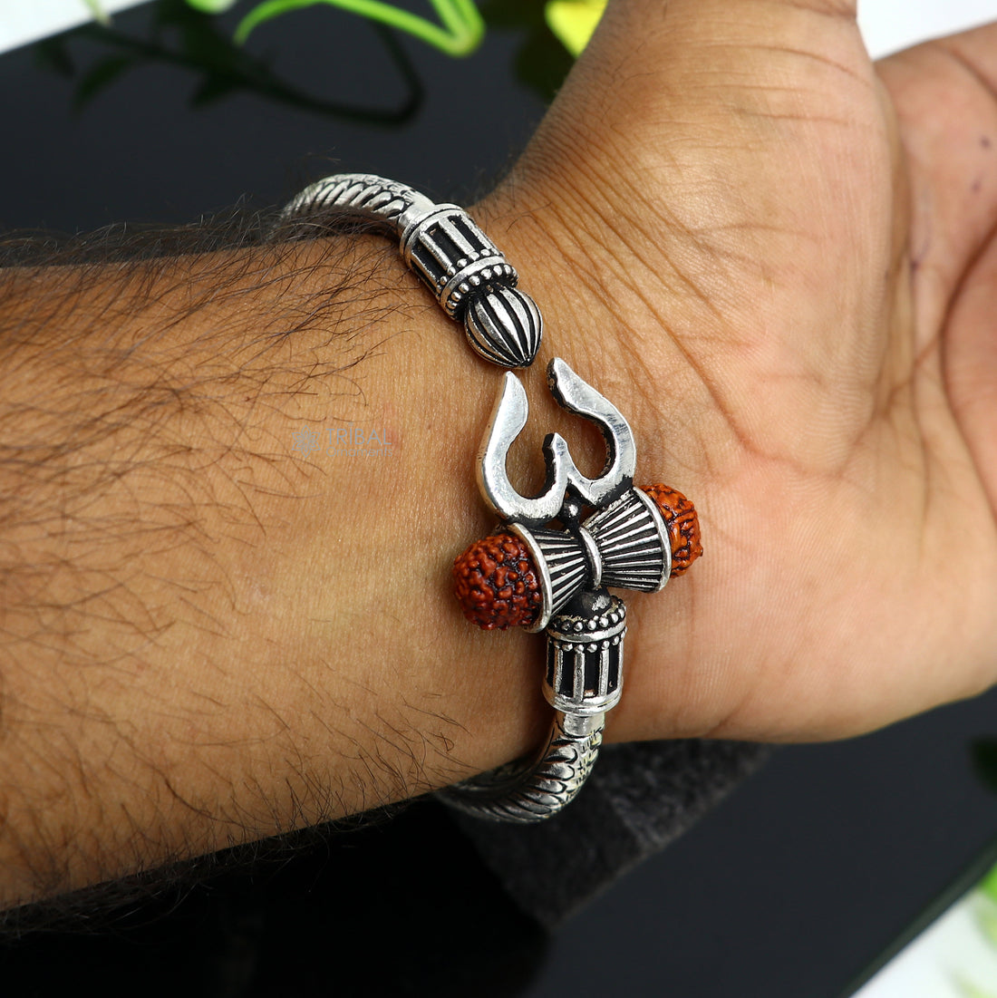 925 Sterling silver handmade Vintage style chitai work Lord Shiva trident trishul kada bangle bracelet with Rudraksha customized kada nsk767 - TRIBAL ORNAMENTS