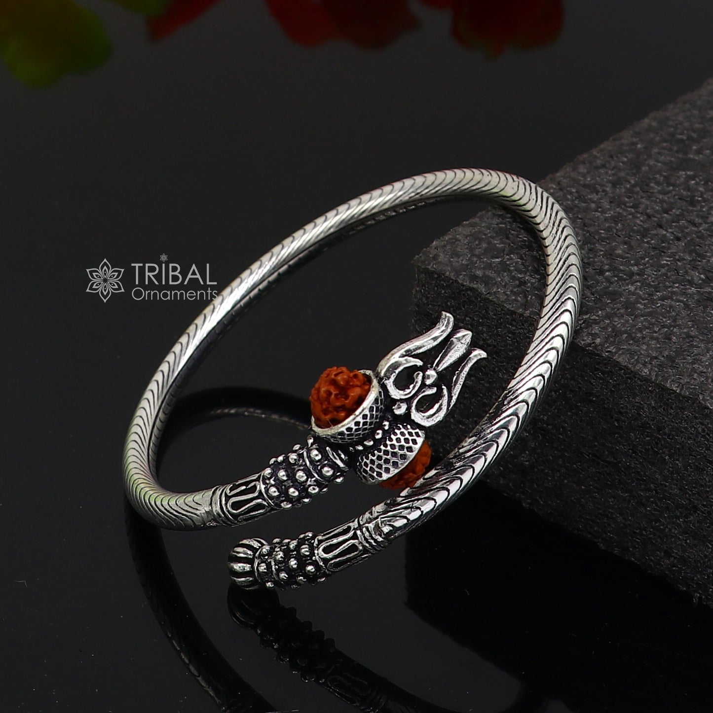 925 Sterling silver handmade Vintage style unique work Lord Shiva trident trishul kada bangle bracelet with Rudraksha customized kada nsk769 - TRIBAL ORNAMENTS