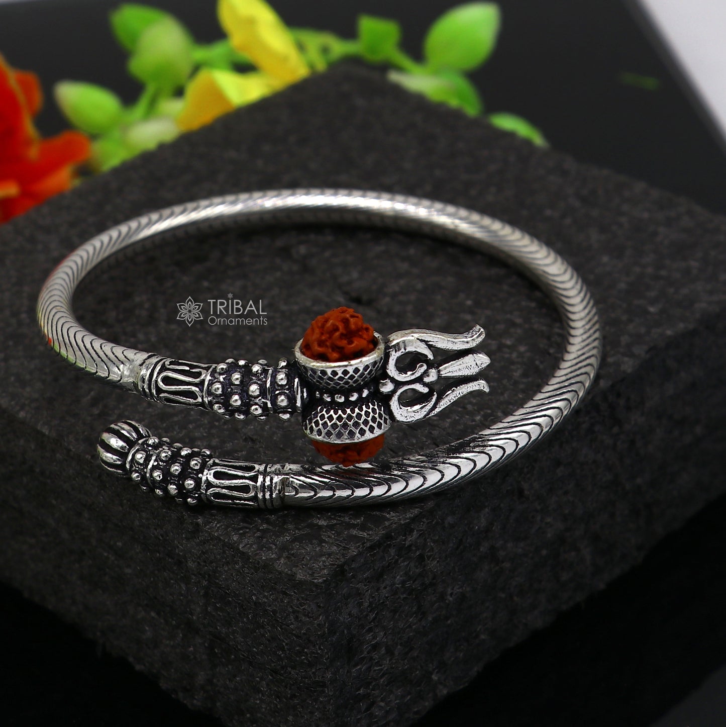 925 Sterling silver handmade Vintage style unique work Lord Shiva trident trishul kada bangle bracelet with Rudraksha customized kada nsk769 - TRIBAL ORNAMENTS