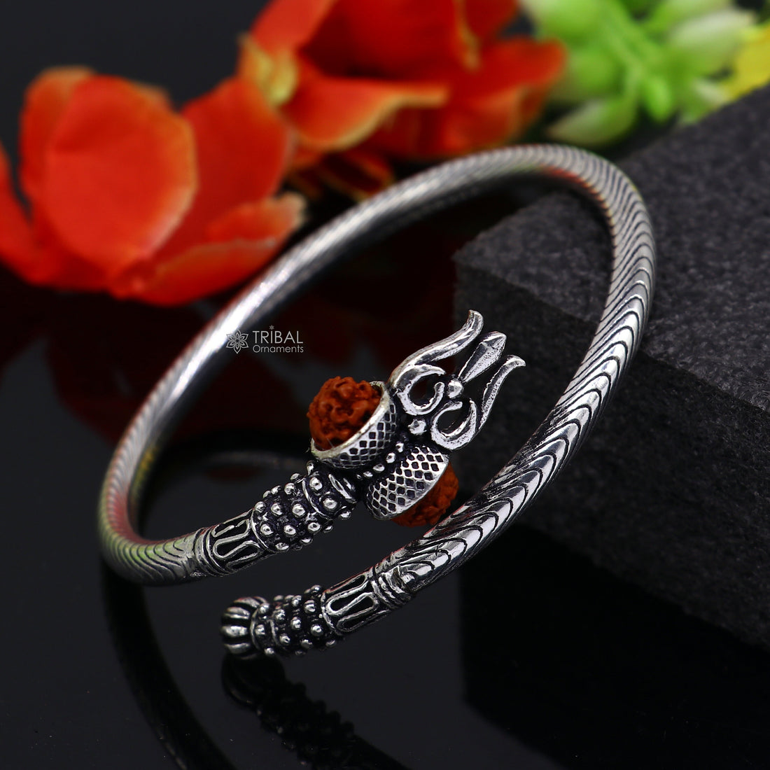 925 Sterling silver handmade Vintage style unique work Lord Shiva trident trishul kada bangle bracelet with Rudraksha customized kada nsk769 - TRIBAL ORNAMENTS