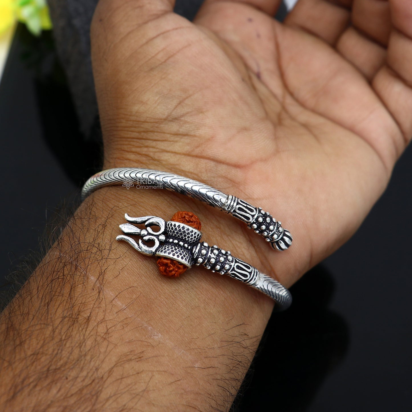 925 Sterling silver handmade Vintage style unique work Lord Shiva trident trishul kada bangle bracelet with Rudraksha customized kada nsk769 - TRIBAL ORNAMENTS