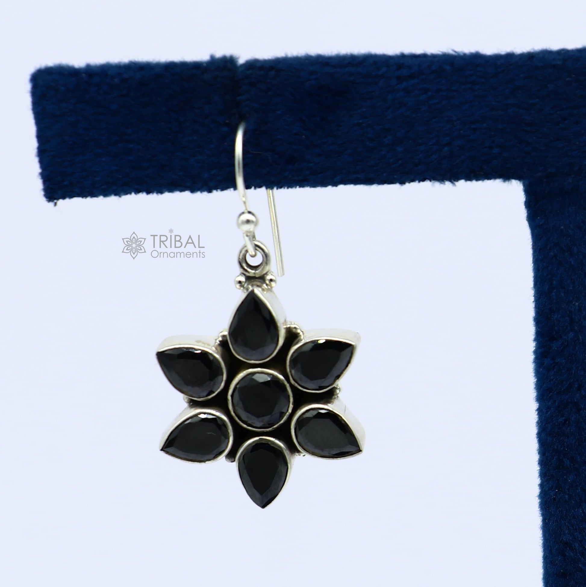 925 sterling silver hoops earring, gorgeous flower black stone charm hook earring excellent gifting brides earring party jewelry s1247 - TRIBAL ORNAMENTS