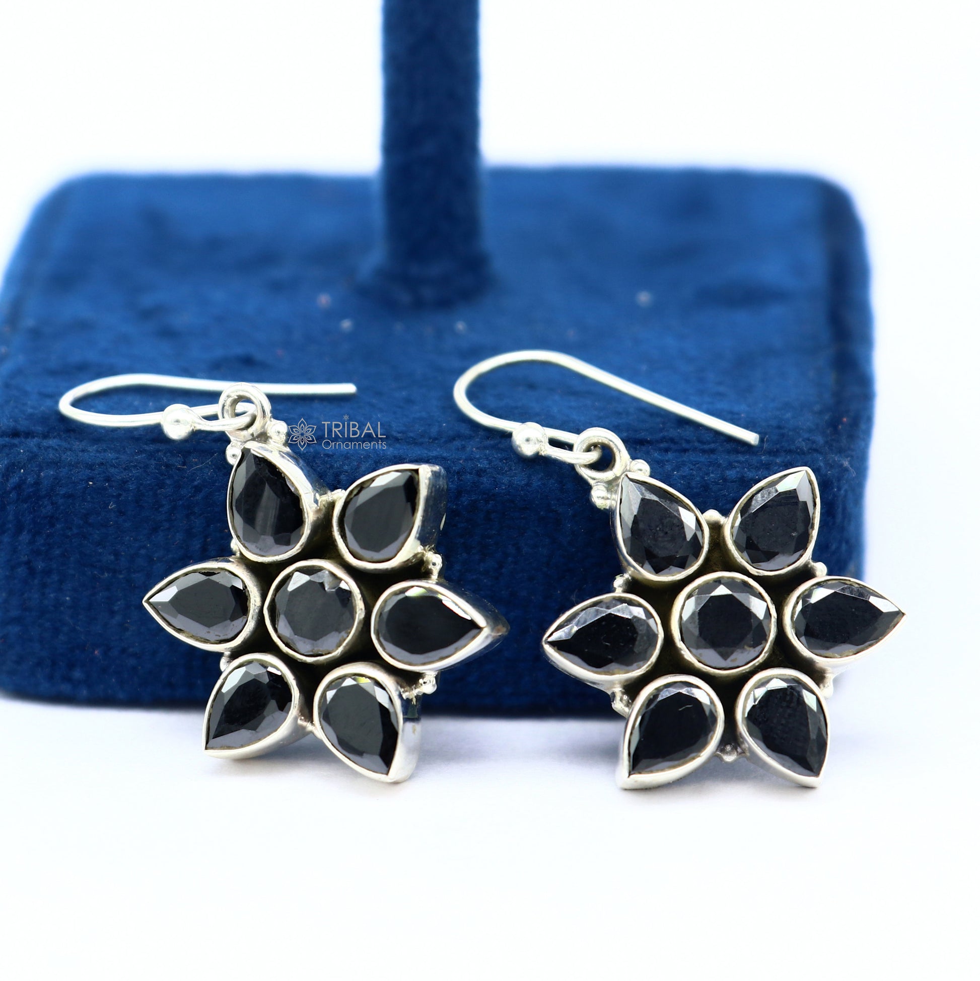 925 sterling silver hoops earring, gorgeous flower black stone charm hook earring excellent gifting brides earring party jewelry s1247 - TRIBAL ORNAMENTS
