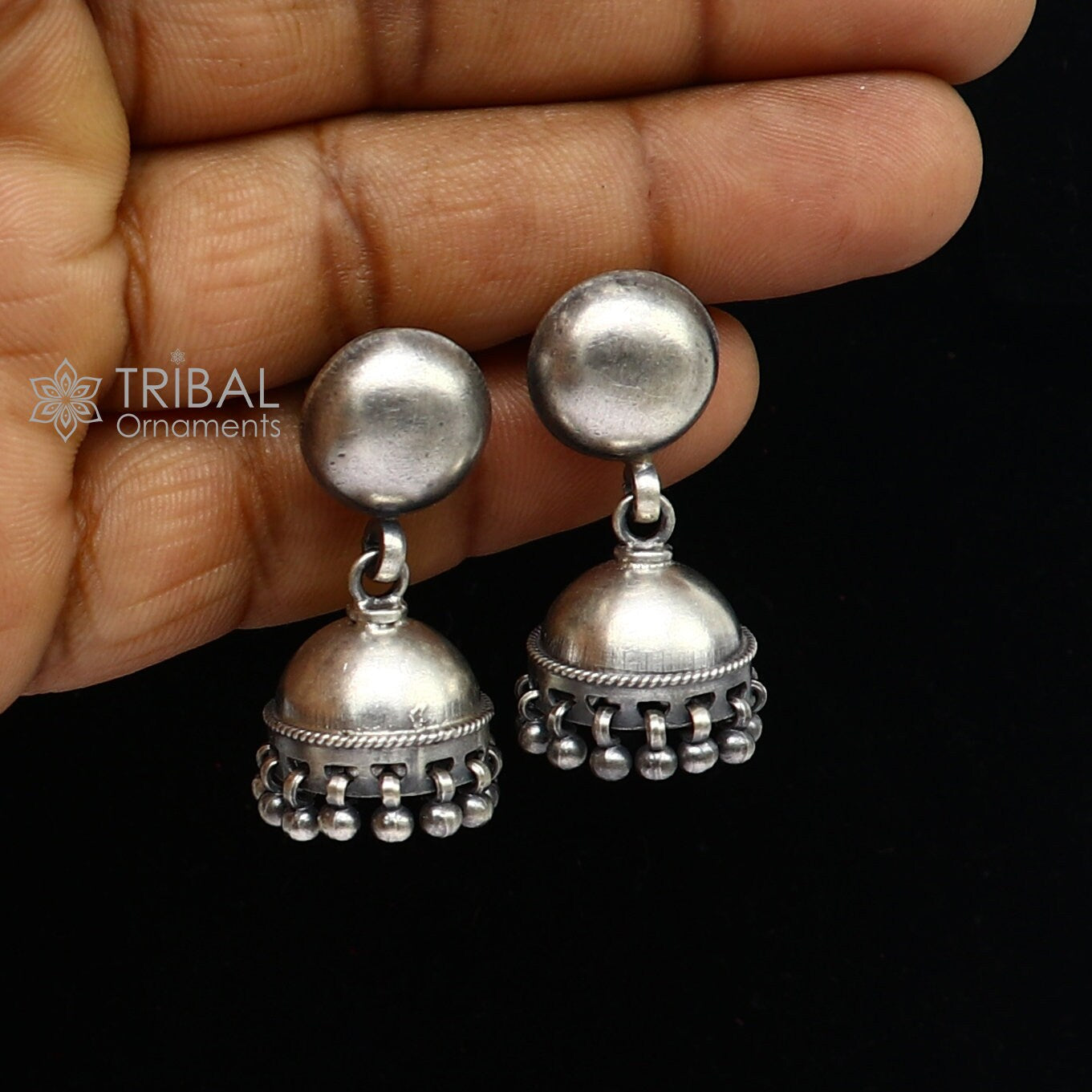 92.5 sterling silver gorgeous Exclusive design small stud earring fabulous jhumki or jhumka silver ethnic tribal earrings s1250 - TRIBAL ORNAMENTS