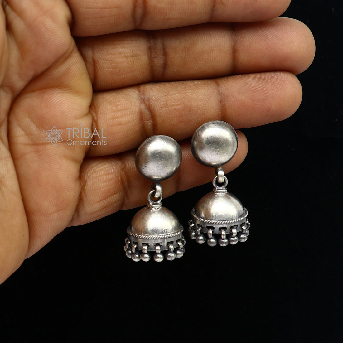 92.5 sterling silver gorgeous Exclusive design small stud earring fabulous jhumki or jhumka silver ethnic tribal earrings s1250 - TRIBAL ORNAMENTS