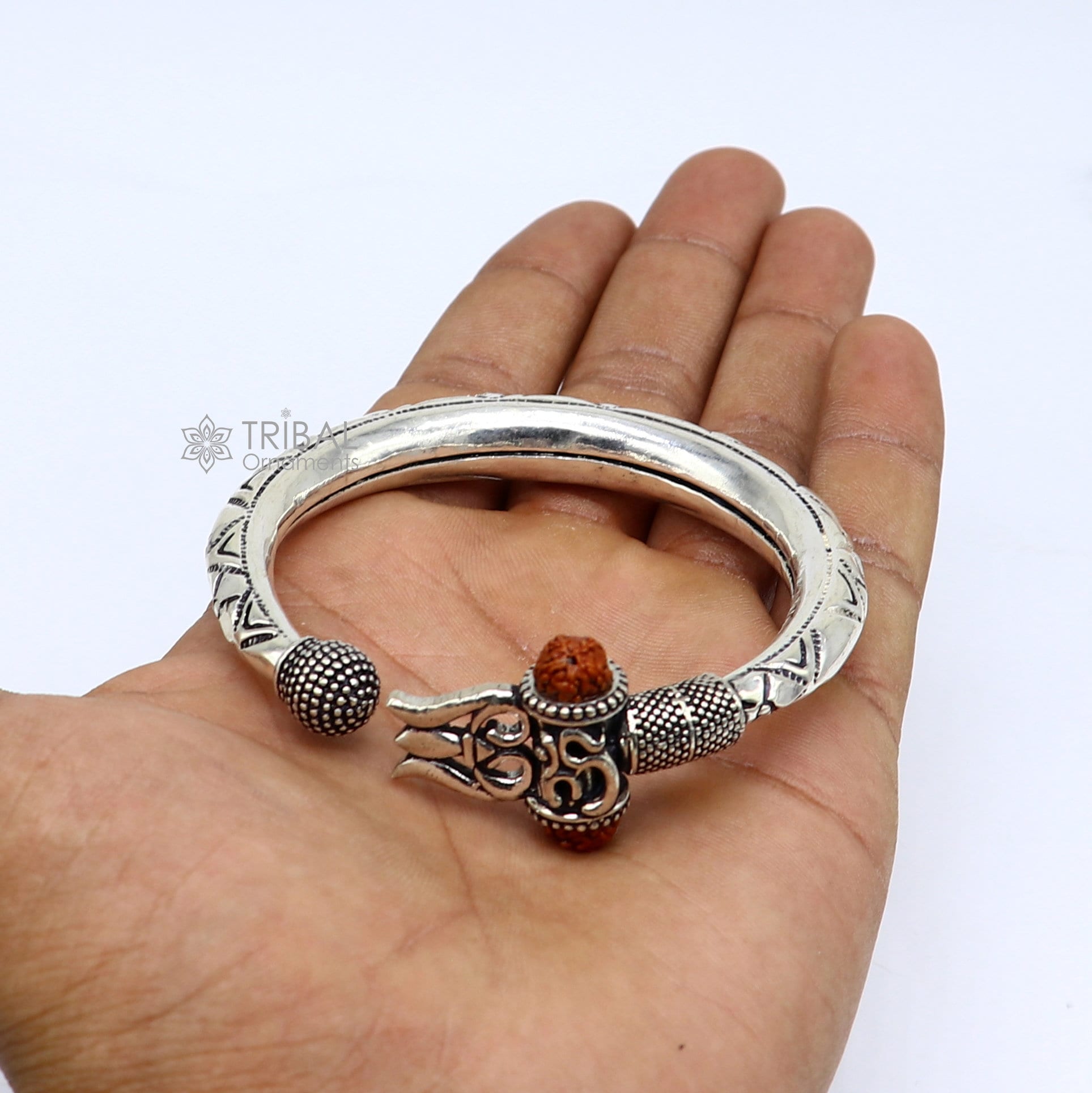 925 Sterling silver handmade Vintage style unique work Lord Shiva trident trishul kada bangle bracelet with Rudraksha customized kada nsk770 - TRIBAL ORNAMENTS