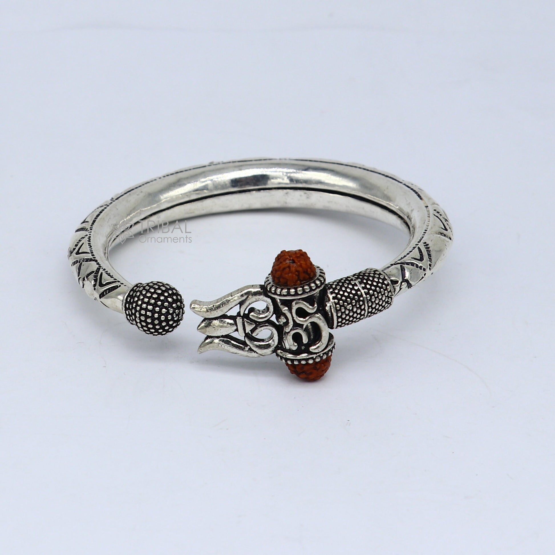 925 Sterling silver handmade Vintage style unique work Lord Shiva trident trishul kada bangle bracelet with Rudraksha customized kada nsk770 - TRIBAL ORNAMENTS