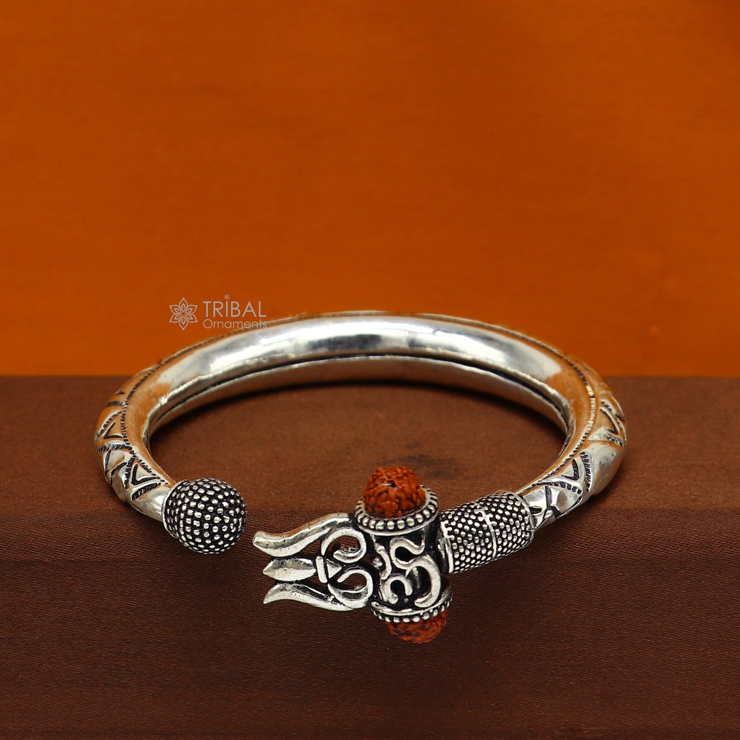 925 Sterling silver handmade Vintage style unique work Lord Shiva trident trishul kada bangle bracelet with Rudraksha customized kada nsk770 - TRIBAL ORNAMENTS