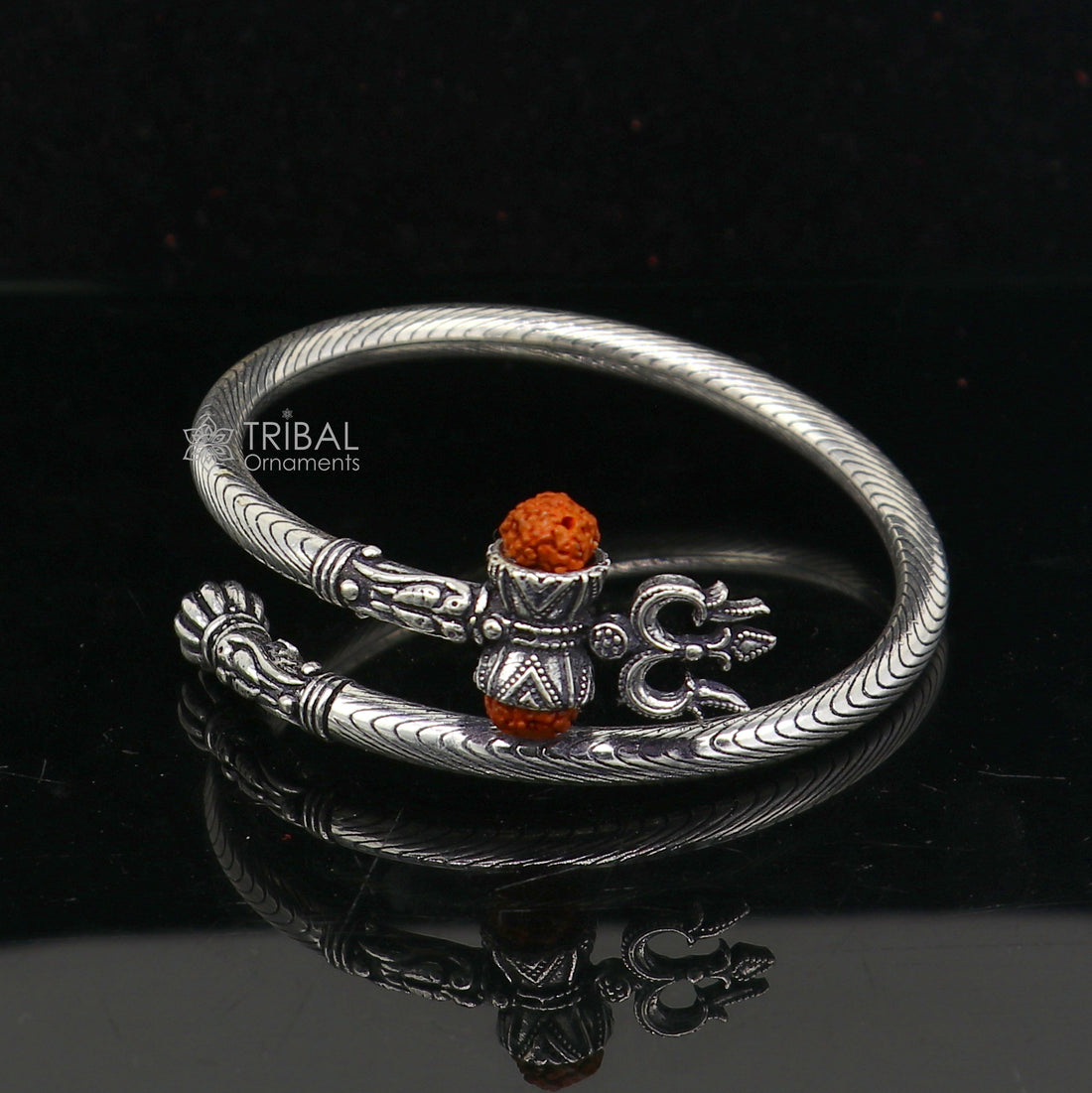 925 sterling silver gorgeous Lord shiva trident trishool kada bangle bracelet with fabulous natural rudraksha  antique jewelry nsk771 - TRIBAL ORNAMENTS