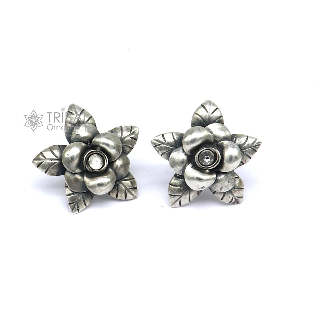 925 sterling silver handmade floral design Stud earring with single stone fancy girl's earring brides jewelry from india S1254 - TRIBAL ORNAMENTS