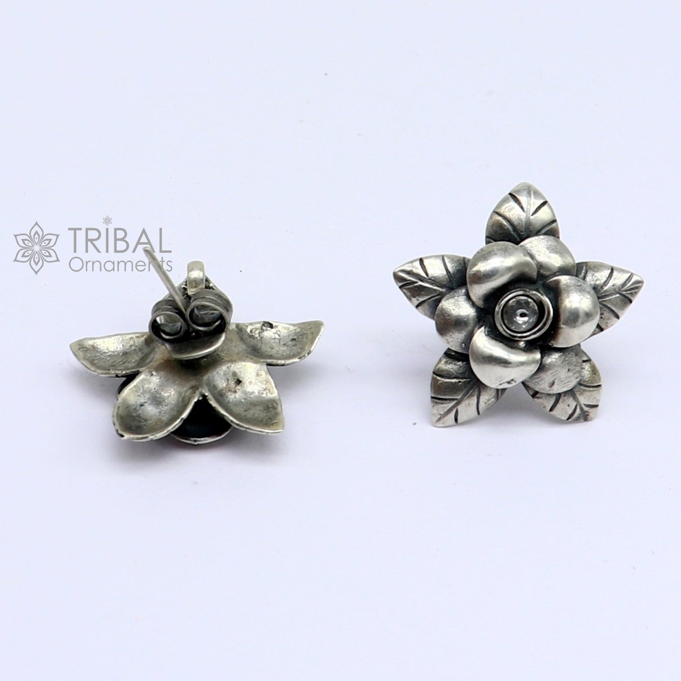 925 sterling silver handmade floral design Stud earring with single stone fancy girl's earring brides jewelry from india S1254 - TRIBAL ORNAMENTS