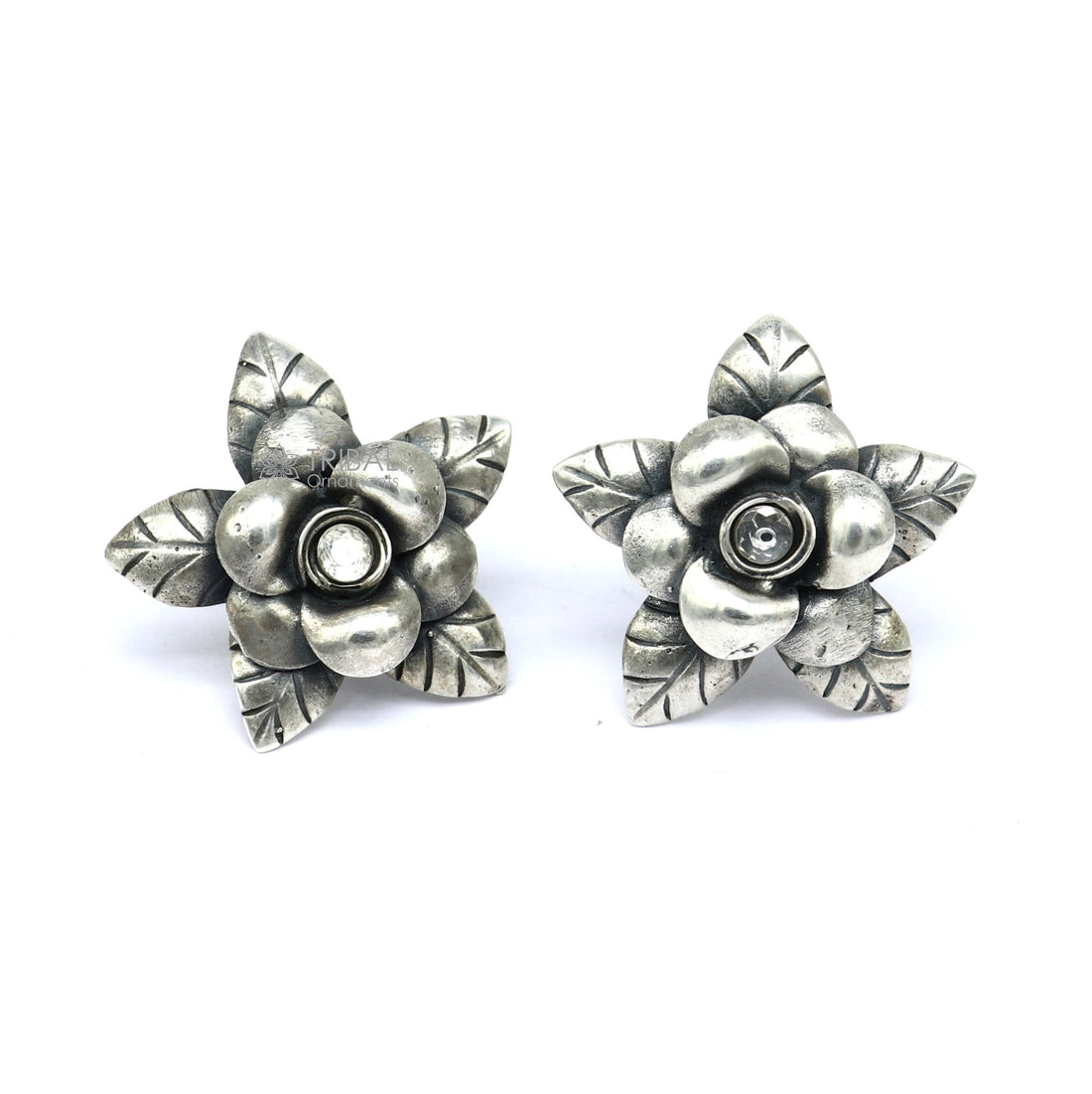 925 sterling silver handmade floral design Stud earring with single stone fancy girl's earring brides jewelry from india S1254 - TRIBAL ORNAMENTS