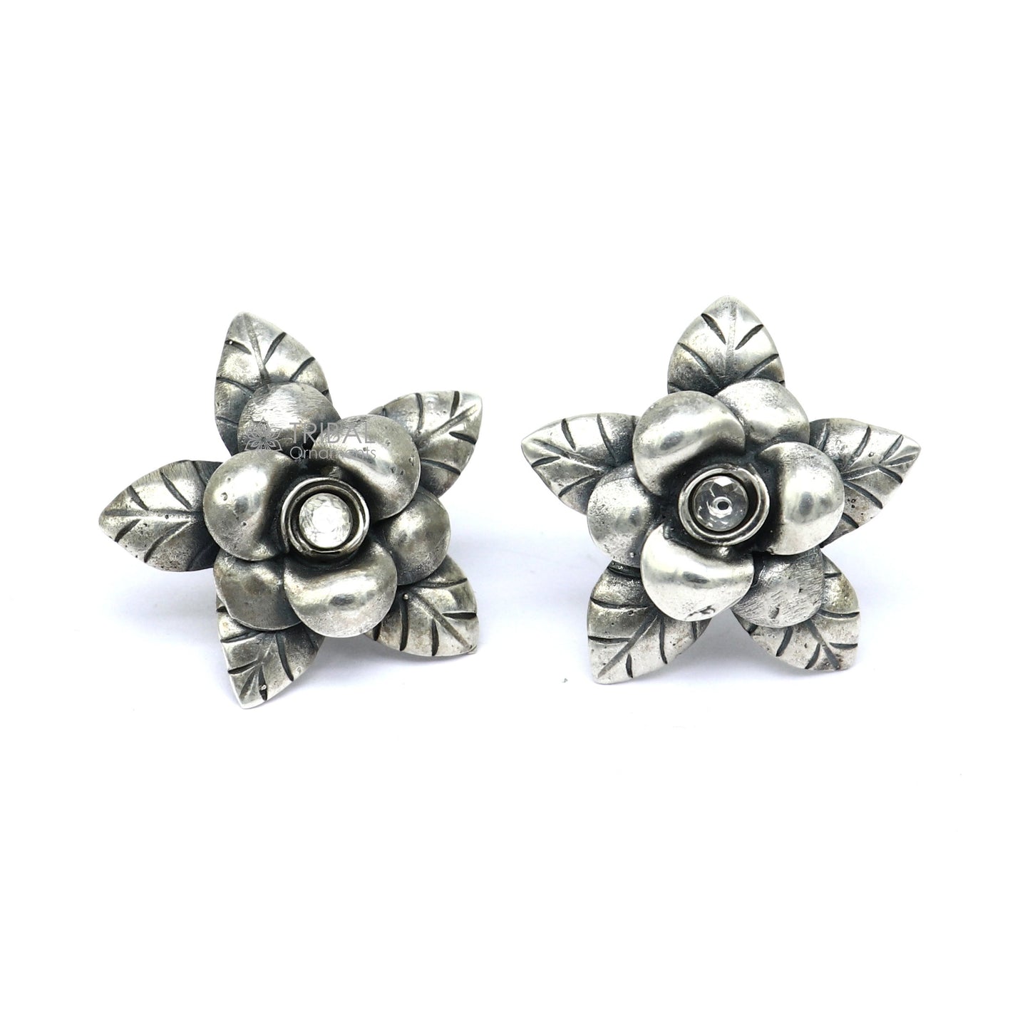 925 sterling silver handmade floral design Stud earring with single stone fancy girl's earring brides jewelry from india S1254 - TRIBAL ORNAMENTS