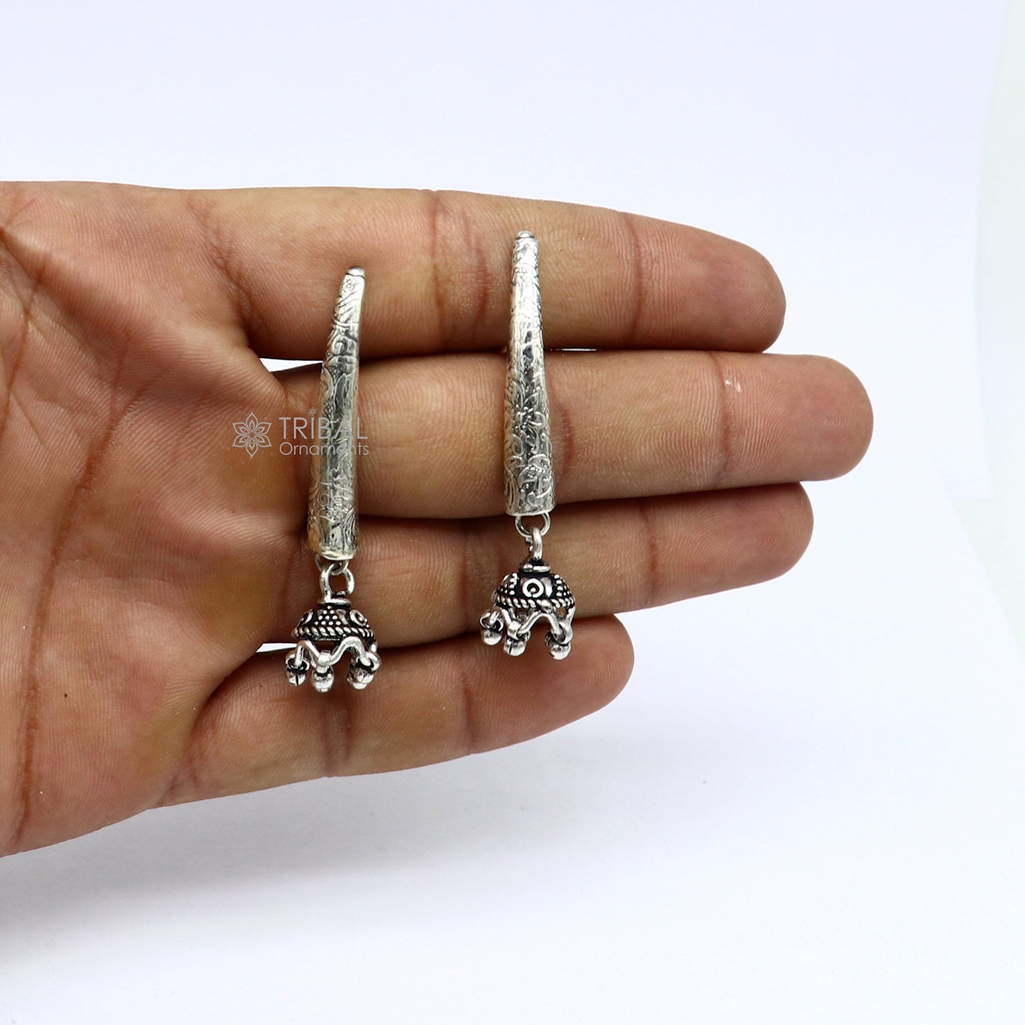 92.5 sterling silver gorgeous Exclusive design stud earring with small fabulous jhumki or jhumka silver ethnic tribal earrings s1255 - TRIBAL ORNAMENTS