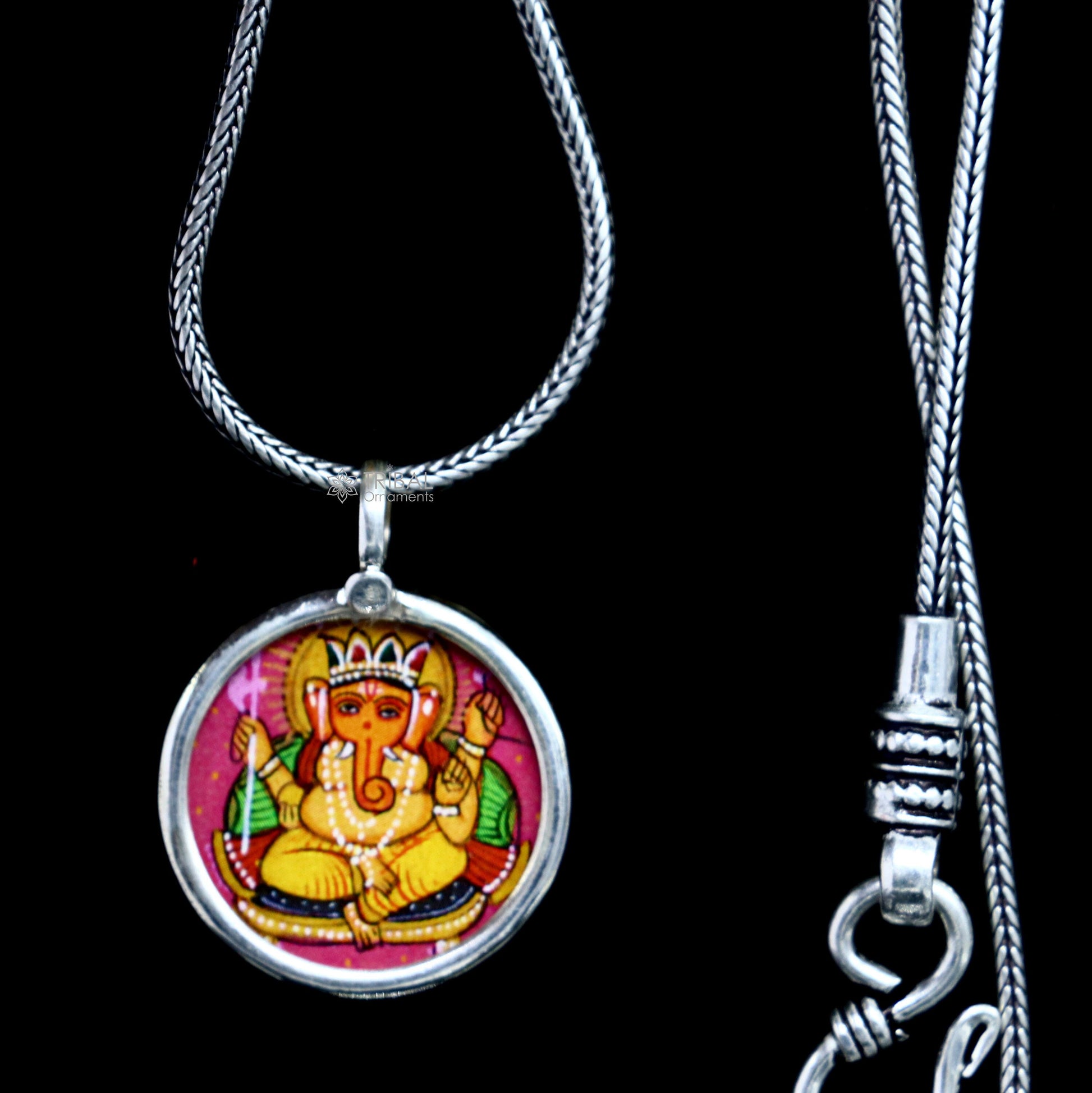 925 sterling silver handmade idol God Ganesha pendant, amazing divine painting pendant unisex gifting functional kavacham jewelry nsp765 - TRIBAL ORNAMENTS