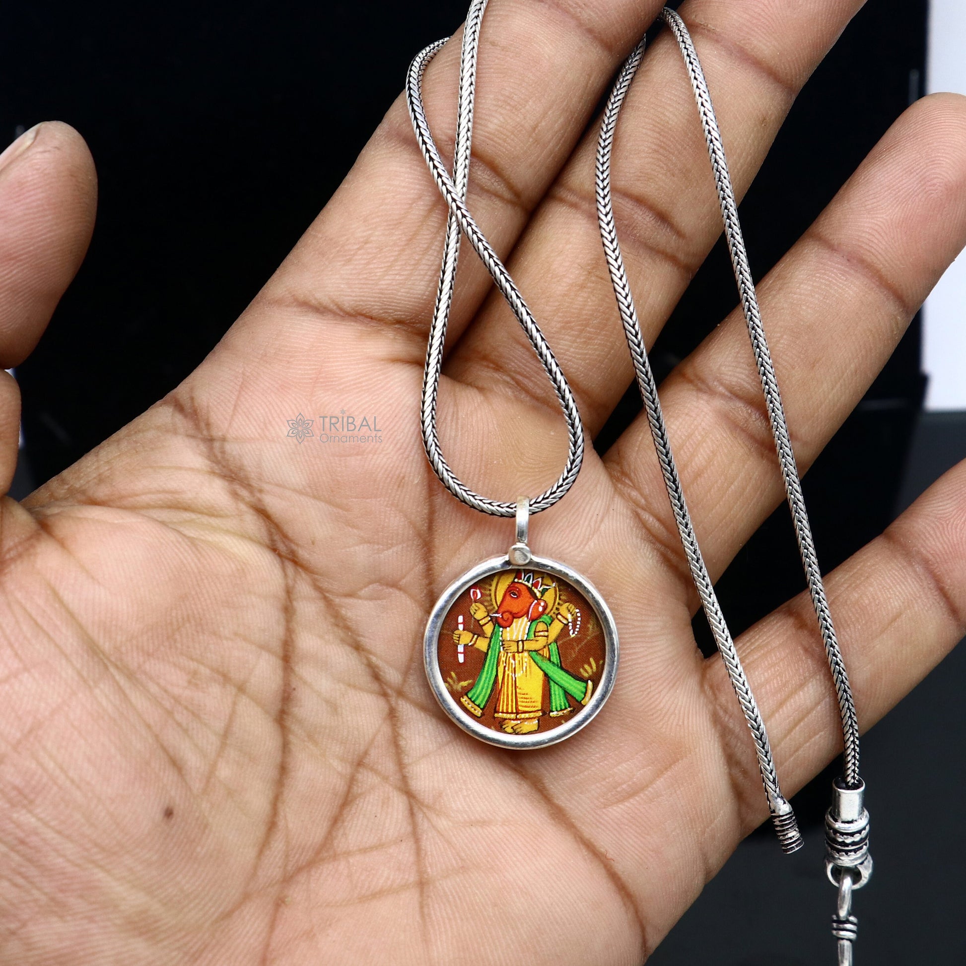 Stylish 925 sterling silver handmade idol God Ganesha pendant, amazing painting pendant unisex gifting functional kavacham jewelry nsp769 - TRIBAL ORNAMENTS