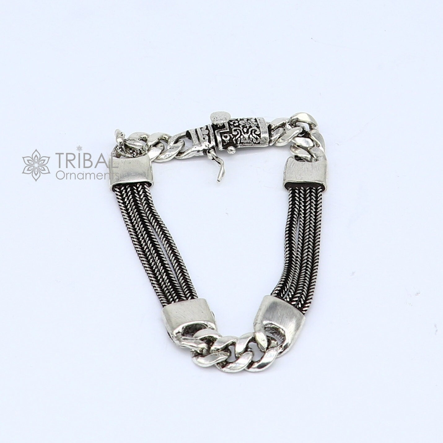 7.5" long 925 sterling silver handmade gorgeous solid chain flexible customized bracelet unisex personalized gift exclusive jewelry SBR705 - TRIBAL ORNAMENTS