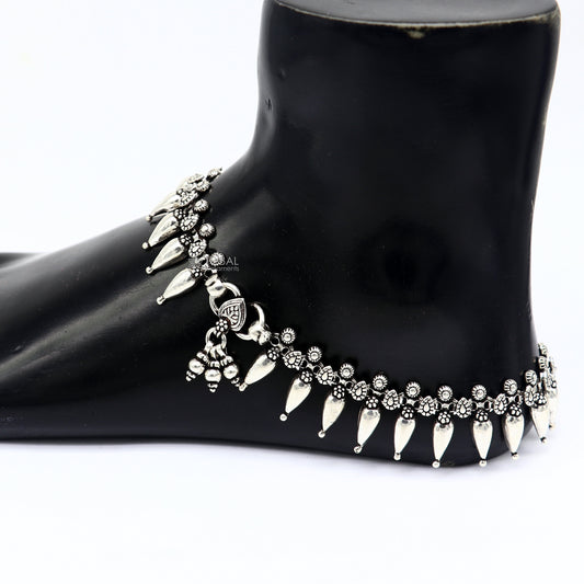925 sterling silver dangling bells charm ankle bracelet, attractive bells anklets, foot bracelet trendy anklets for garba dance ank595 - TRIBAL ORNAMENTS