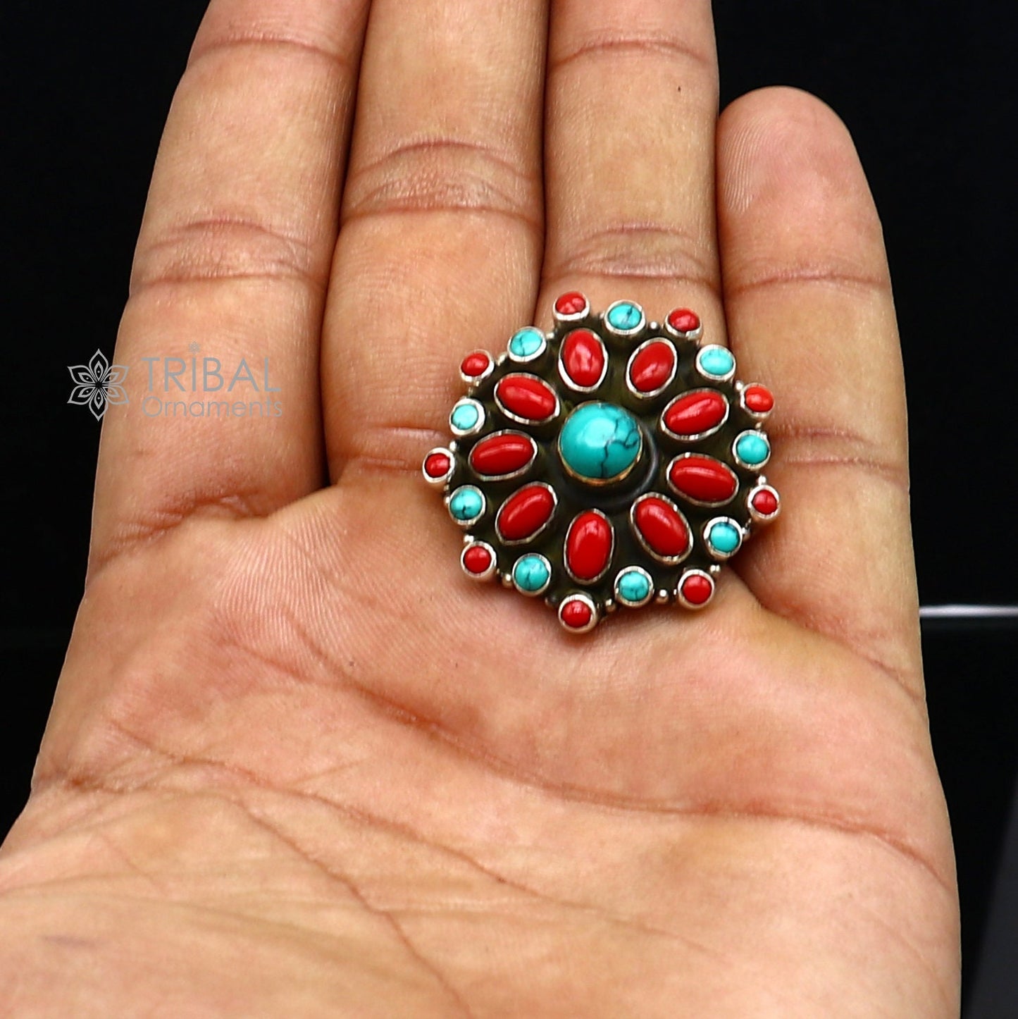 925 sterling silver handmade silver Turquoise and coral stone ring band adjustable ring brides wedding functional jewelry sr403 - TRIBAL ORNAMENTS