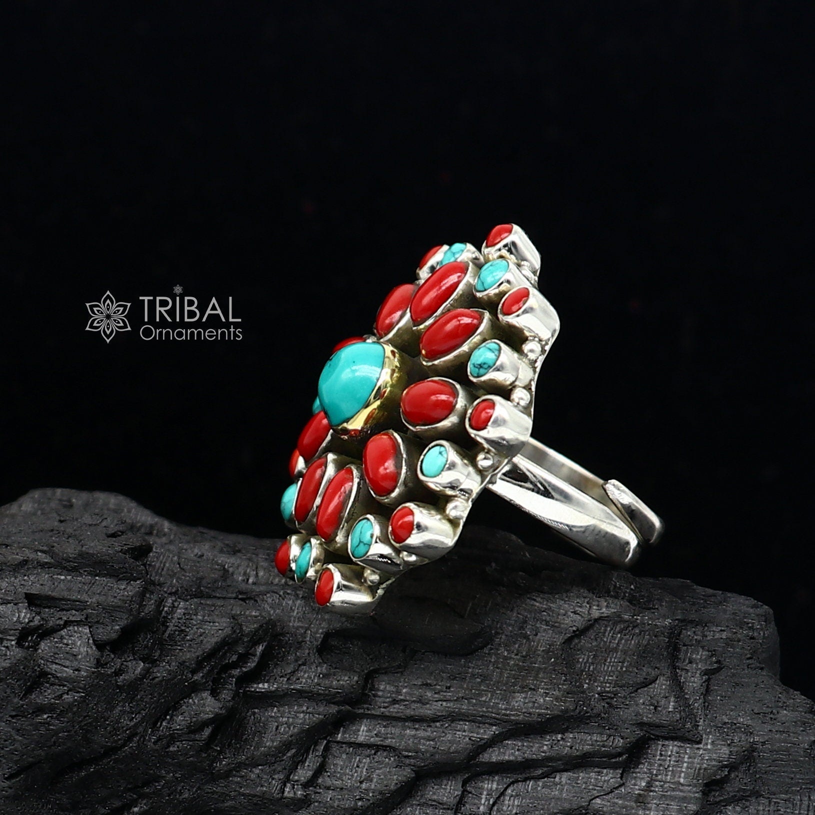 925 sterling silver handmade silver Turquoise and coral stone ring band adjustable ring brides wedding functional jewelry sr403 - TRIBAL ORNAMENTS