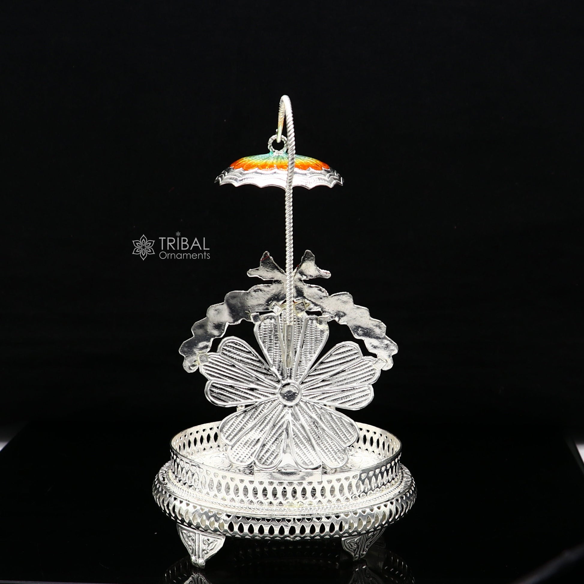 925 sterling silver peacock design enamel work Singhasan divine throne statue's stand Singhasan, temple art puja Aasan chouki article su1205 - TRIBAL ORNAMENTS