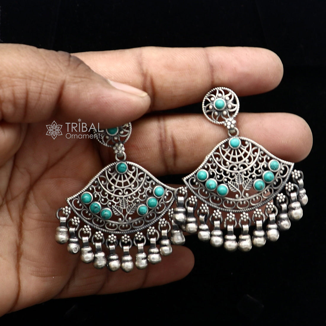 925 sterling silver handmade floral design turquoise stone stud earrings with hanging bells Ghungroo ethnic brides functional jewelry s1234 - TRIBAL ORNAMENTS