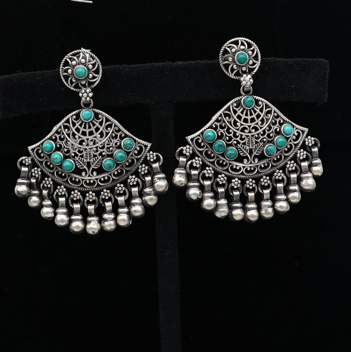 925 sterling silver handmade floral design turquoise stone stud earrings with hanging bells Ghungroo ethnic brides functional jewelry s1234 - TRIBAL ORNAMENTS