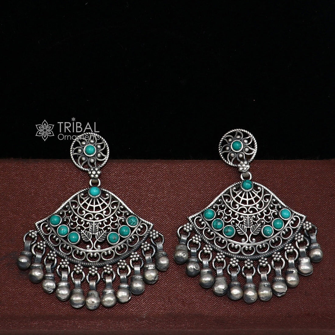 925 sterling silver handmade floral design turquoise stone stud earrings with hanging bells Ghungroo ethnic brides functional jewelry s1234 - TRIBAL ORNAMENTS