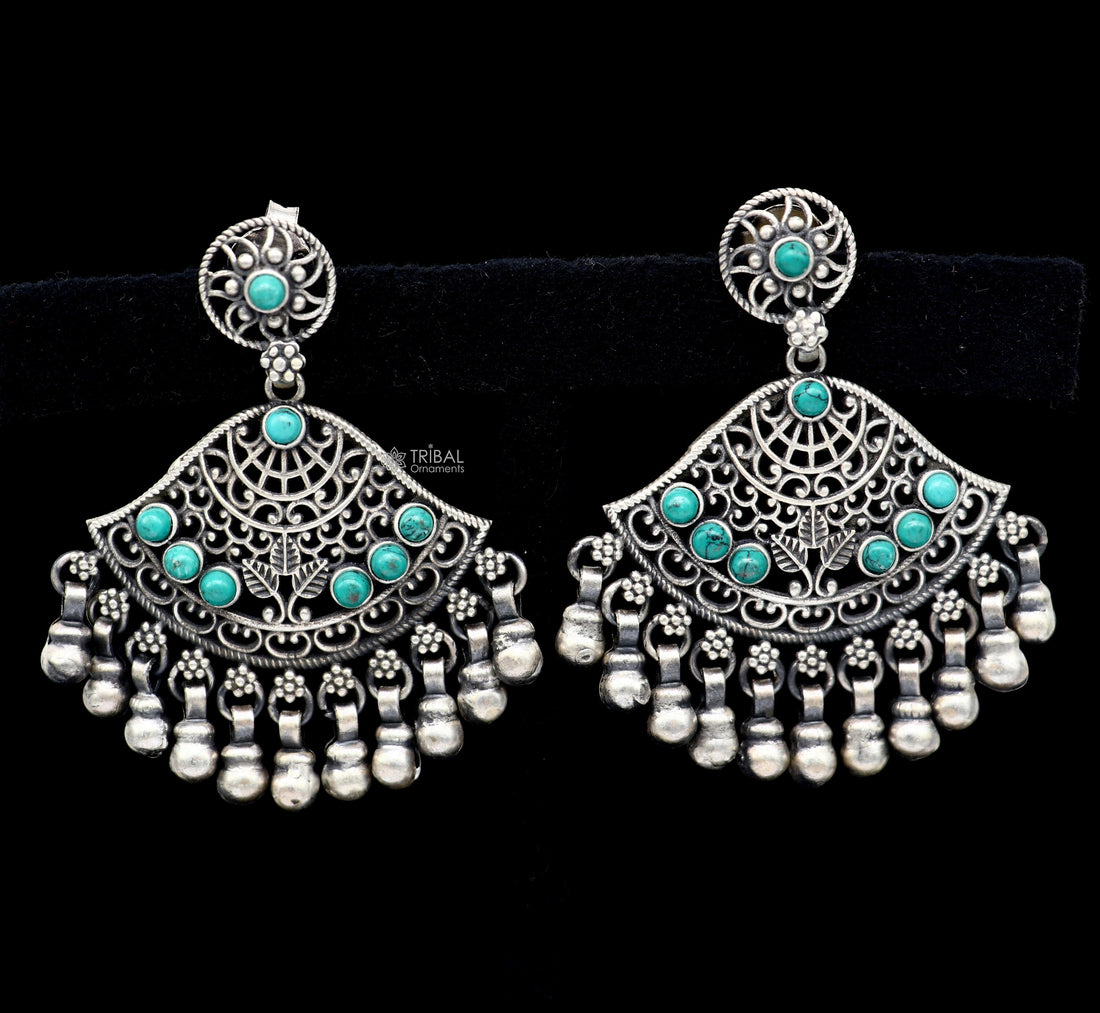 925 sterling silver handmade floral design turquoise stone stud earrings with hanging bells Ghungroo ethnic brides functional jewelry s1234 - TRIBAL ORNAMENTS