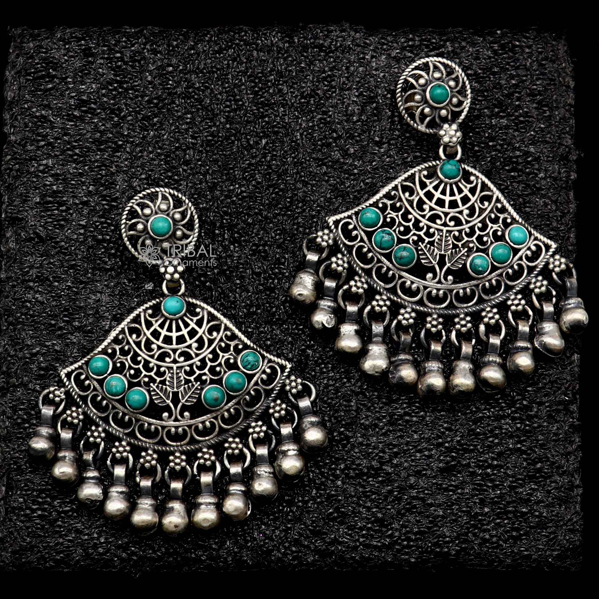 925 sterling silver handmade floral design turquoise stone stud earrings with hanging bells Ghungroo ethnic brides functional jewelry s1234 - TRIBAL ORNAMENTS