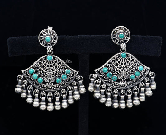 925 sterling silver handmade floral design turquoise stone stud earrings with hanging bells Ghungroo ethnic brides functional jewelry s1234 - TRIBAL ORNAMENTS