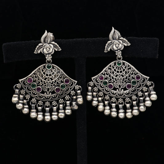 925 sterling silver handmade floral design red & green stone earrings with hanging drops Ghungroo ethnic brides functional jewelry s1235 - TRIBAL ORNAMENTS