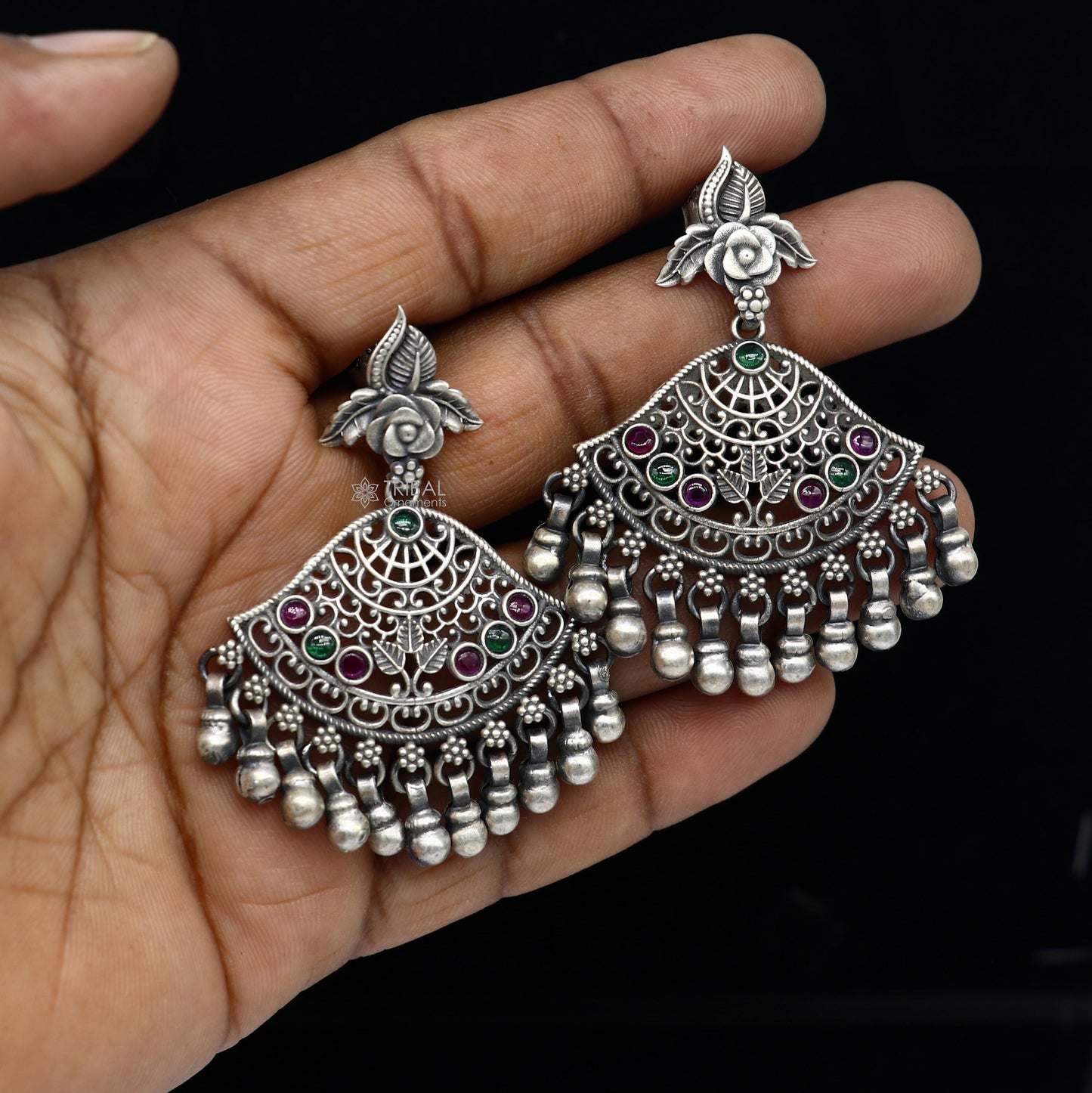 925 sterling silver handmade floral design red & green stone earrings with hanging drops Ghungroo ethnic brides functional jewelry s1235 - TRIBAL ORNAMENTS