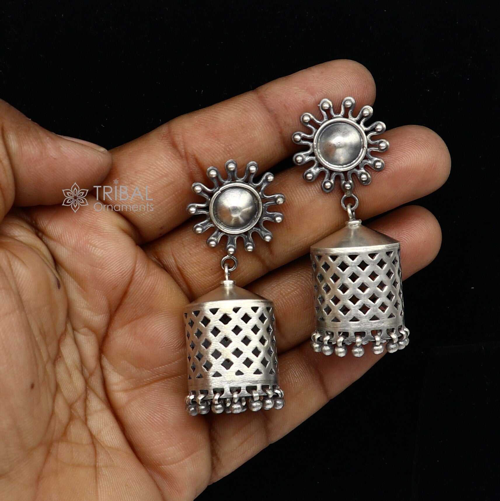 925 Sterling silver handmade traditional cultural design drop dangler jhumka earrings, best party functional Navratri jewelry s1236 - TRIBAL ORNAMENTS