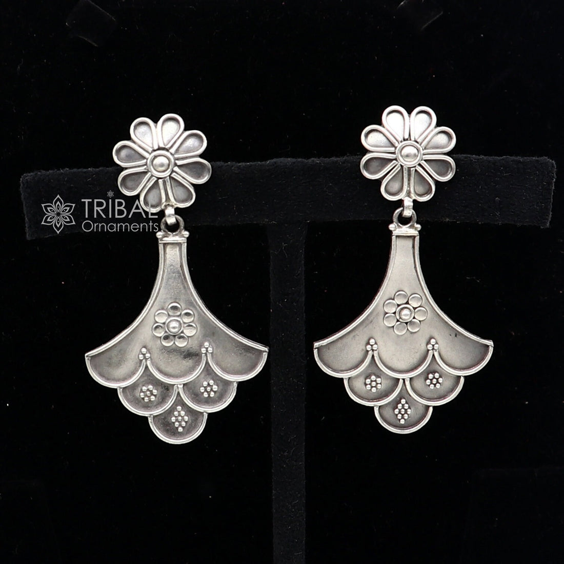 925 Sterling silver handmade traditional cultural design drop dangler fancy earrings, best party functional Navratri jewelry s1237 - TRIBAL ORNAMENTS