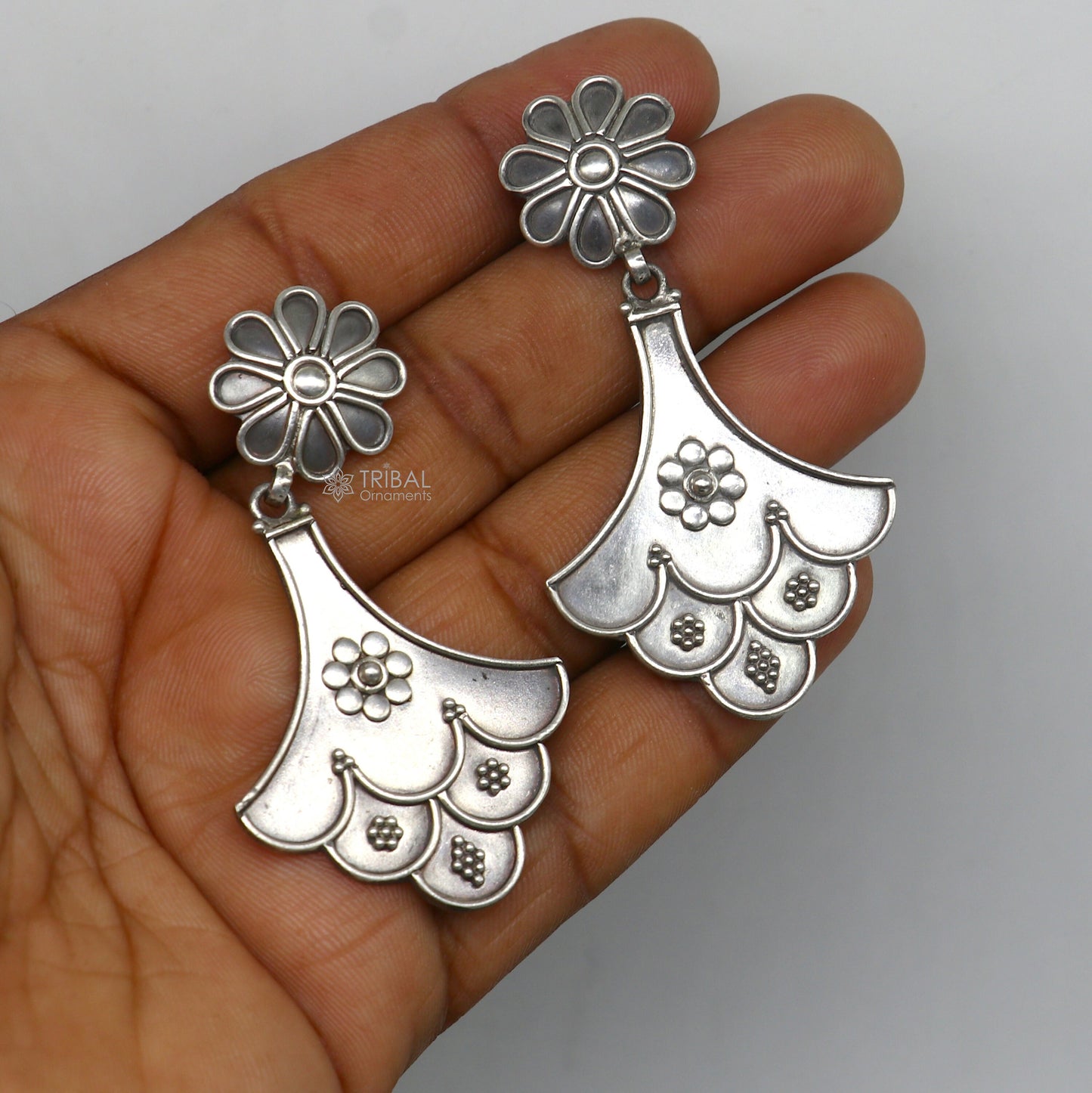925 Sterling silver handmade traditional cultural design drop dangler fancy earrings, best party functional Navratri jewelry s1237 - TRIBAL ORNAMENTS
