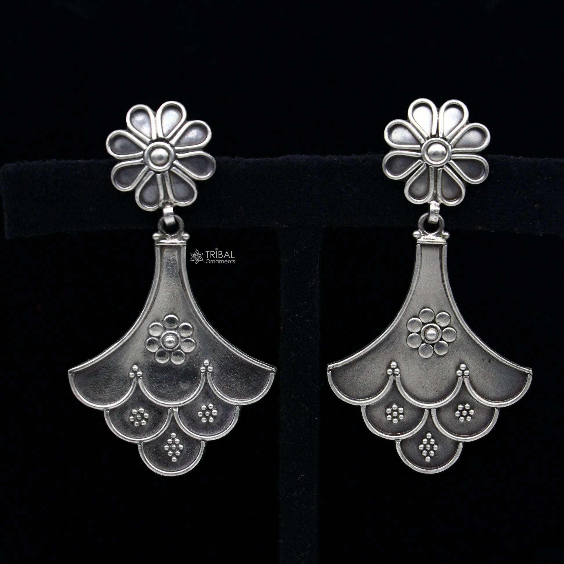 925 Sterling silver handmade traditional cultural design drop dangler fancy earrings, best party functional Navratri jewelry s1237 - TRIBAL ORNAMENTS