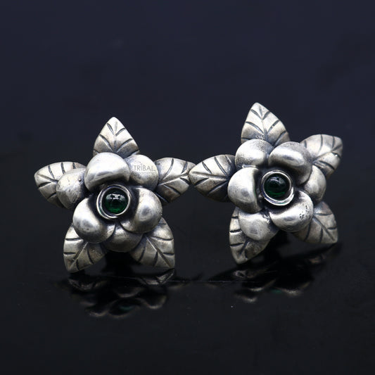 925 sterling silver handmade floral design Stud earring with green stone fancy girl's earring brides jewelry from india S1253 - TRIBAL ORNAMENTS