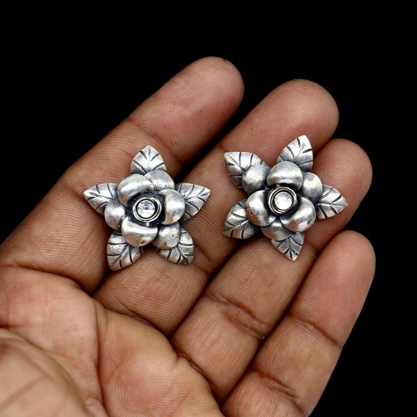 925 sterling silver handmade floral design Stud earring with single stone fancy girl's earring brides jewelry from india S1254 - TRIBAL ORNAMENTS