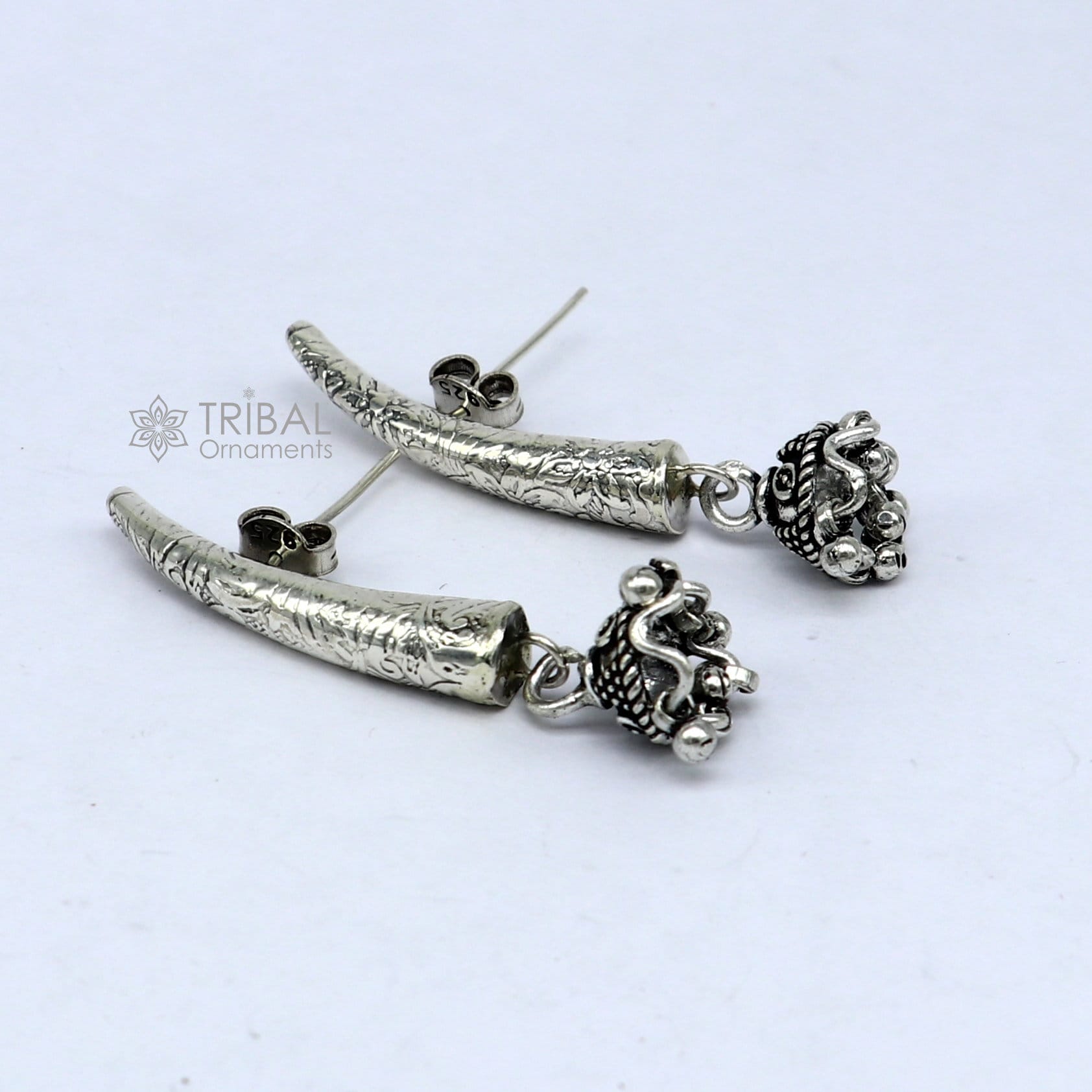 92.5 sterling silver gorgeous Exclusive design stud earring with small fabulous jhumki or jhumka silver ethnic tribal earrings s1255 - TRIBAL ORNAMENTS