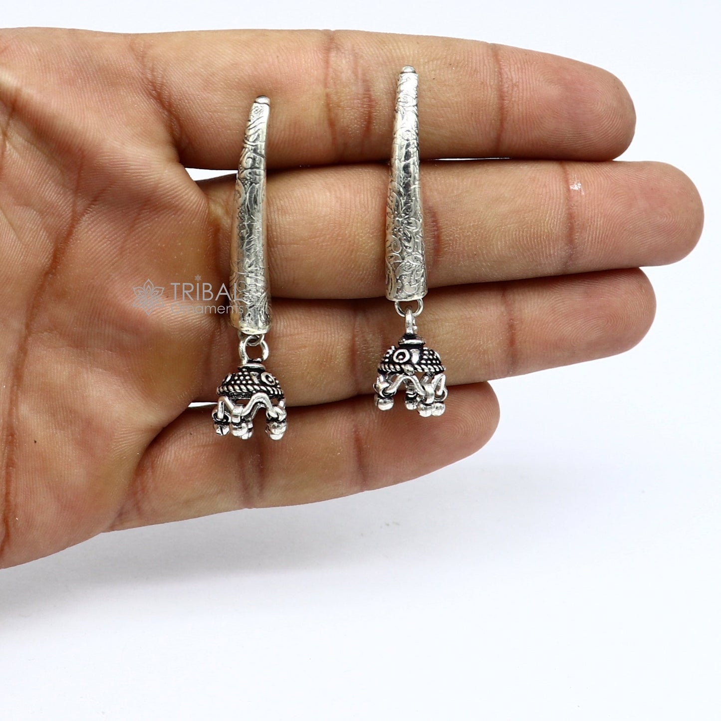 92.5 sterling silver gorgeous Exclusive design stud earring with small fabulous jhumki or jhumka silver ethnic tribal earrings s1255 - TRIBAL ORNAMENTS