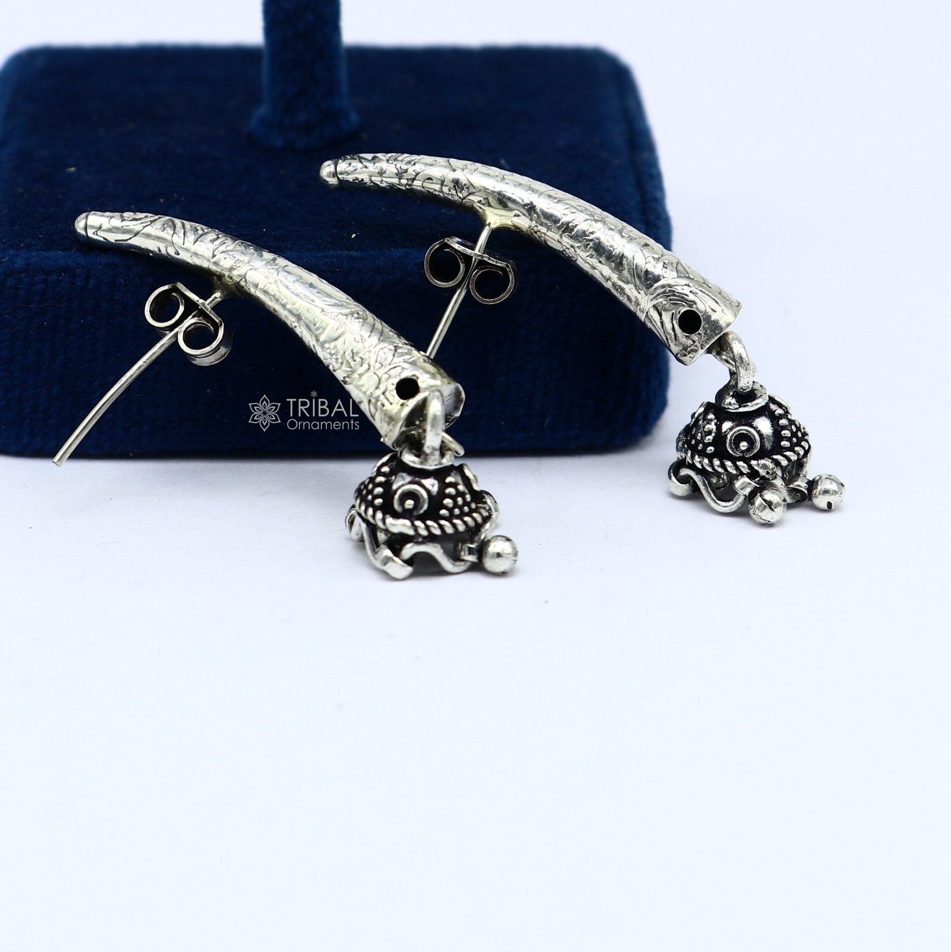 92.5 sterling silver gorgeous Exclusive design stud earring with small fabulous jhumki or jhumka silver ethnic tribal earrings s1255 - TRIBAL ORNAMENTS