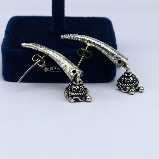 92.5 sterling silver gorgeous Exclusive design stud earring with small fabulous jhumki or jhumka silver ethnic tribal earrings s1255 - TRIBAL ORNAMENTS