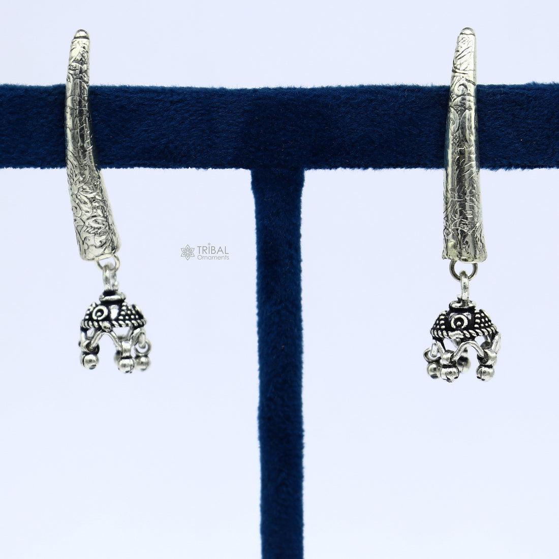 92.5 sterling silver gorgeous Exclusive design stud earring with small fabulous jhumki or jhumka silver ethnic tribal earrings s1255 - TRIBAL ORNAMENTS