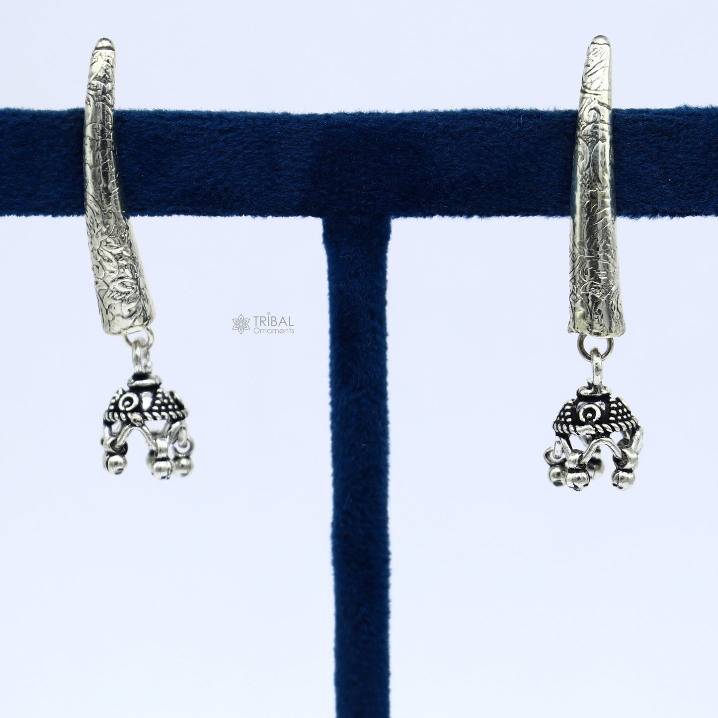 92.5 sterling silver gorgeous Exclusive design stud earring with small fabulous jhumki or jhumka silver ethnic tribal earrings s1255 - TRIBAL ORNAMENTS