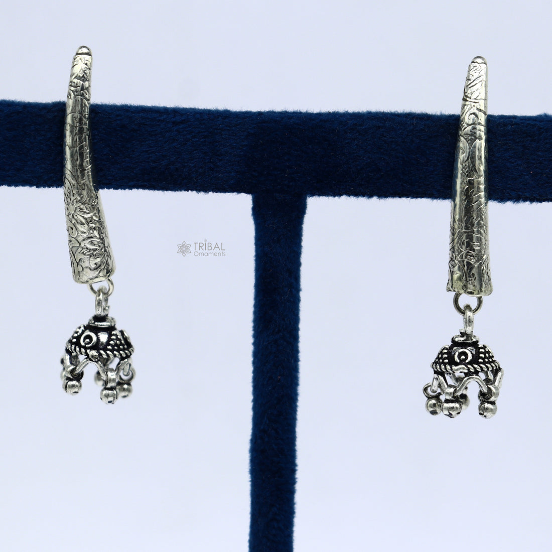 92.5 sterling silver gorgeous Exclusive design stud earring with small fabulous jhumki or jhumka silver ethnic tribal earrings s1255 - TRIBAL ORNAMENTS