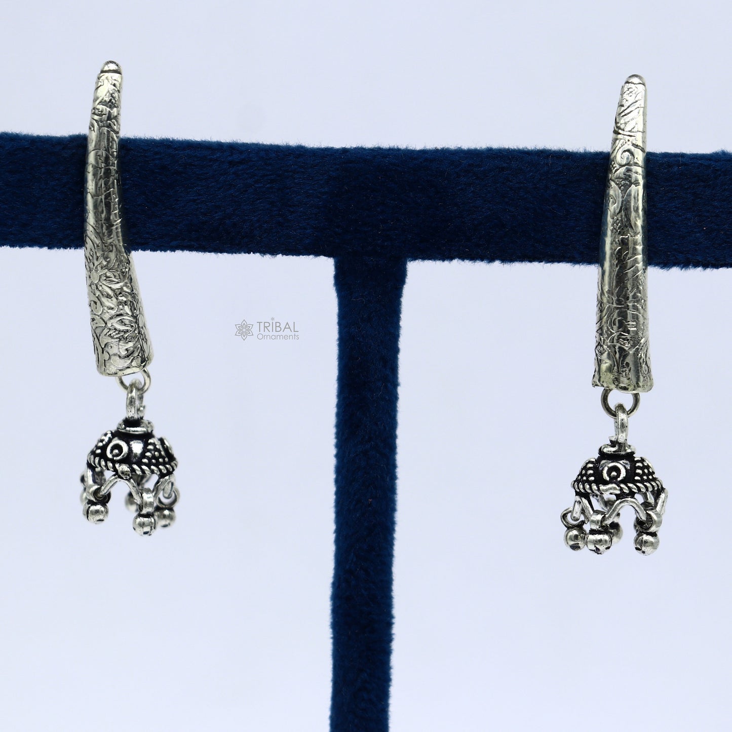 92.5 sterling silver gorgeous Exclusive design stud earring with small fabulous jhumki or jhumka silver ethnic tribal earrings s1255 - TRIBAL ORNAMENTS