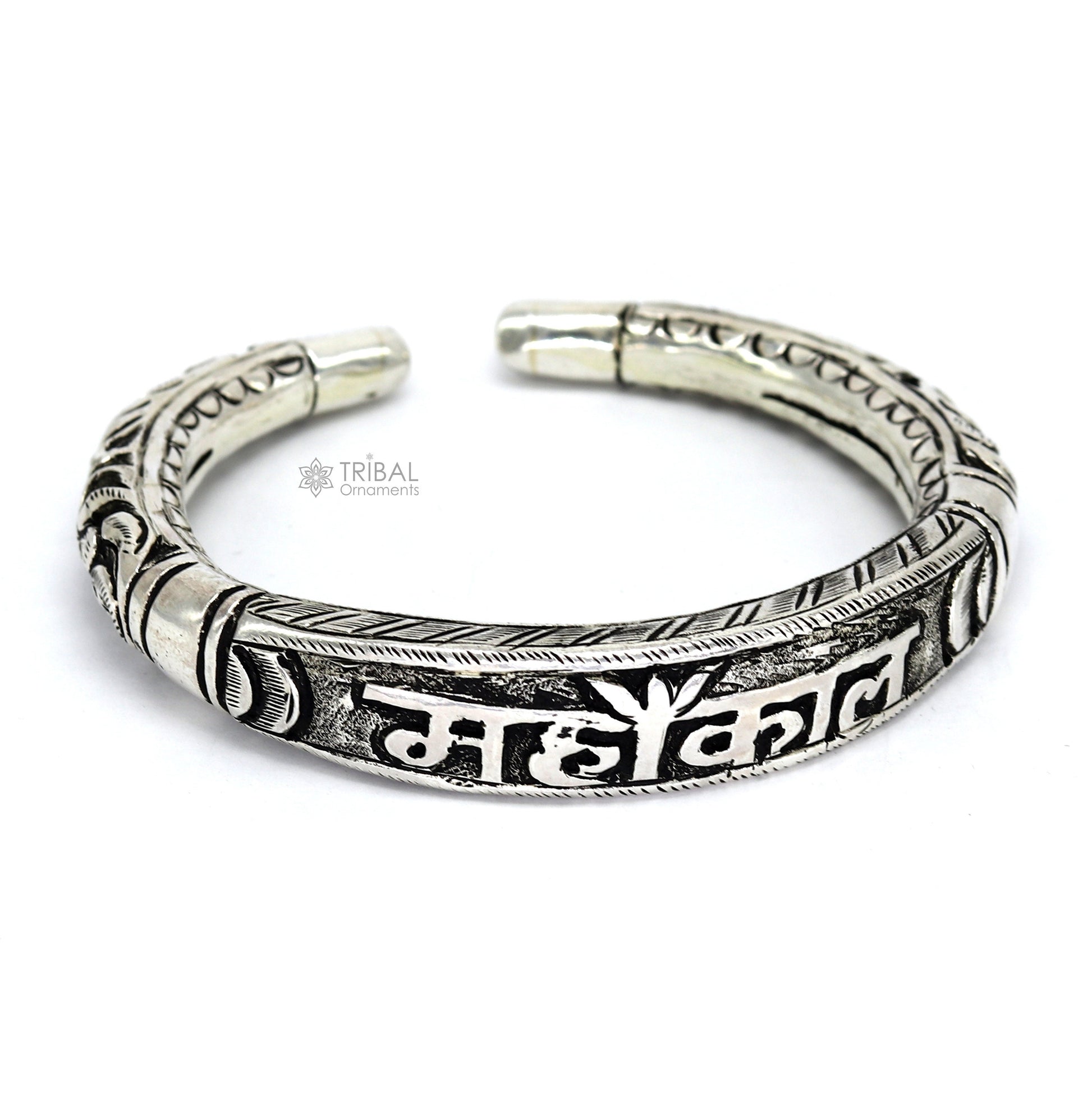 925 Sterling silver handmade chitai work lord Shiva "MAHAKAL" mantra bracelet kada best unisex tribal ethnic jewelry nsk784 - TRIBAL ORNAMENTS