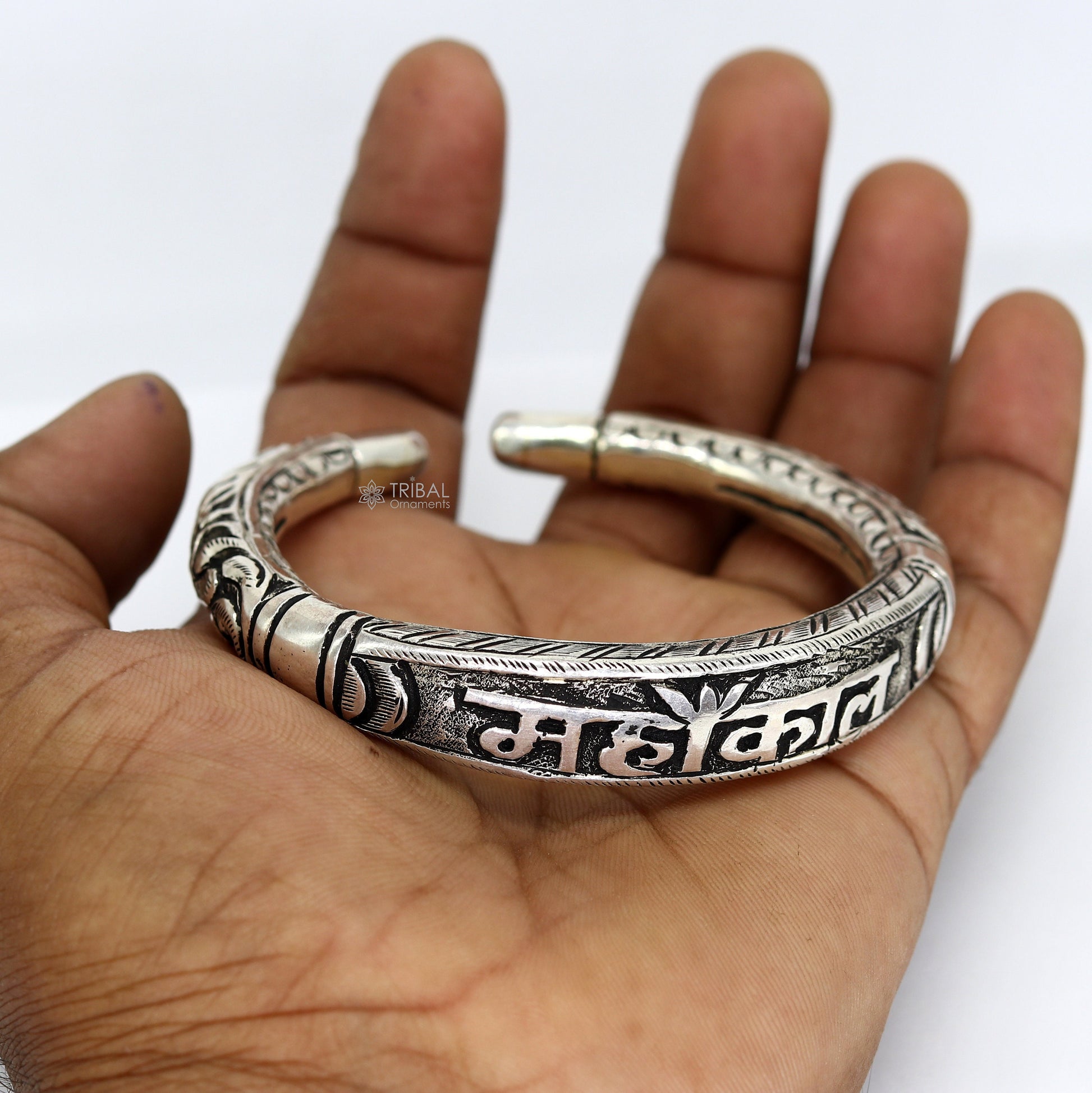 925 Sterling silver handmade chitai work lord Shiva "MAHAKAL" mantra bracelet kada best unisex tribal ethnic jewelry nsk784 - TRIBAL ORNAMENTS